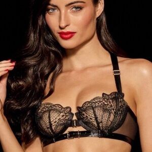 Honey Birdette Jacinta Black Lace Leather Strap Bra Size 34DDD